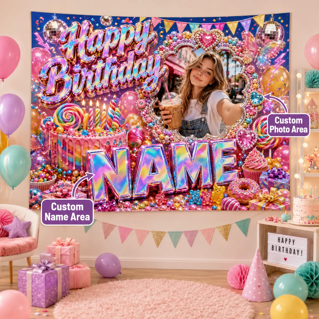 Personalized Iridescent Birthday Backdrop with Photo and Name, Candy Cake, Disco Balls, Butterflies and Gift Party Decor