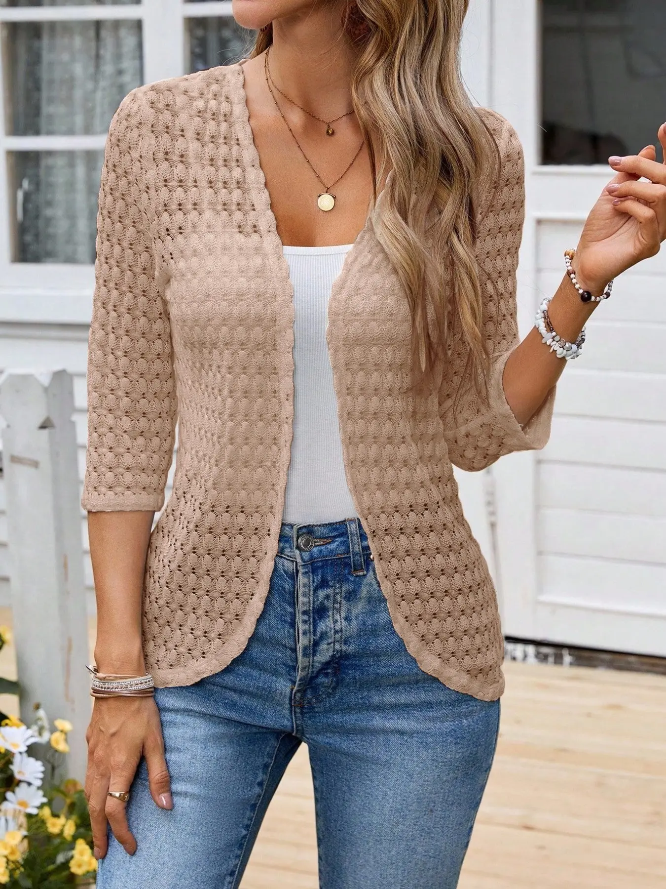 Women's Solid Color Three-Quarter Sleeve Summer Lace Knit Open Front Cardigan, Casual Regular Fit, Breathable, Lightweight and Stylish Design