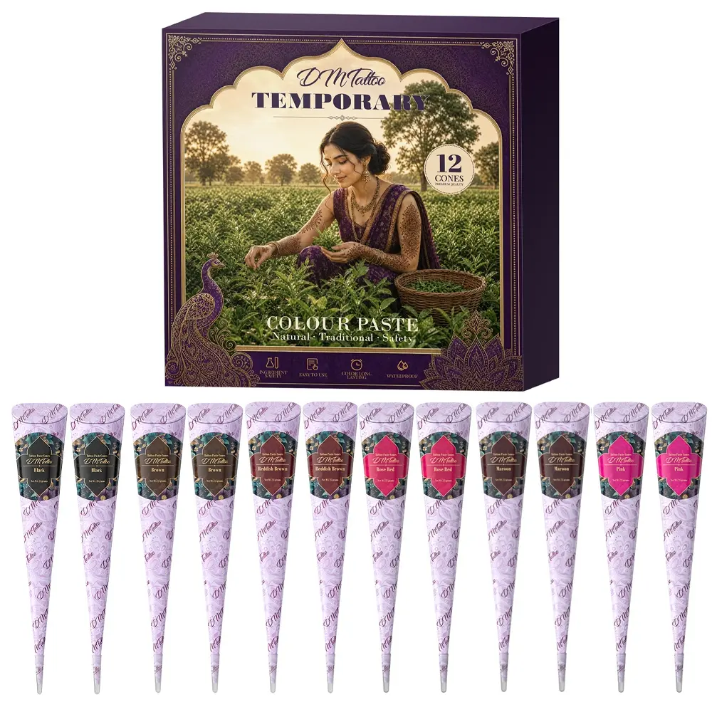 DM 12PCS Natural Plant Henna Tattoo Paste Gift Set, mild ingredients safe for skin. Create custom temporary tattoo patterns, waterproof long-lasting pigment for DIY body art DIY Tattoos at parties, beaches and music festivals.