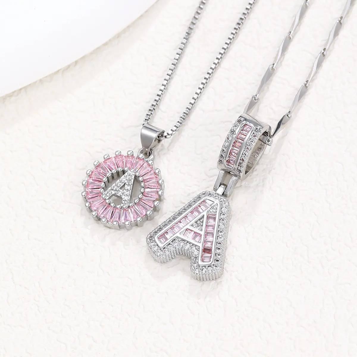 2PCS Trendy Silver Letter Necklace Set Exquisite Initial A-Z Pendant Necklaces Personalized Round Circle Pendant Pink Cubic Zirconia Letters Name Jewelry,Initials Pendent Necklace for Couple Holiday Gift