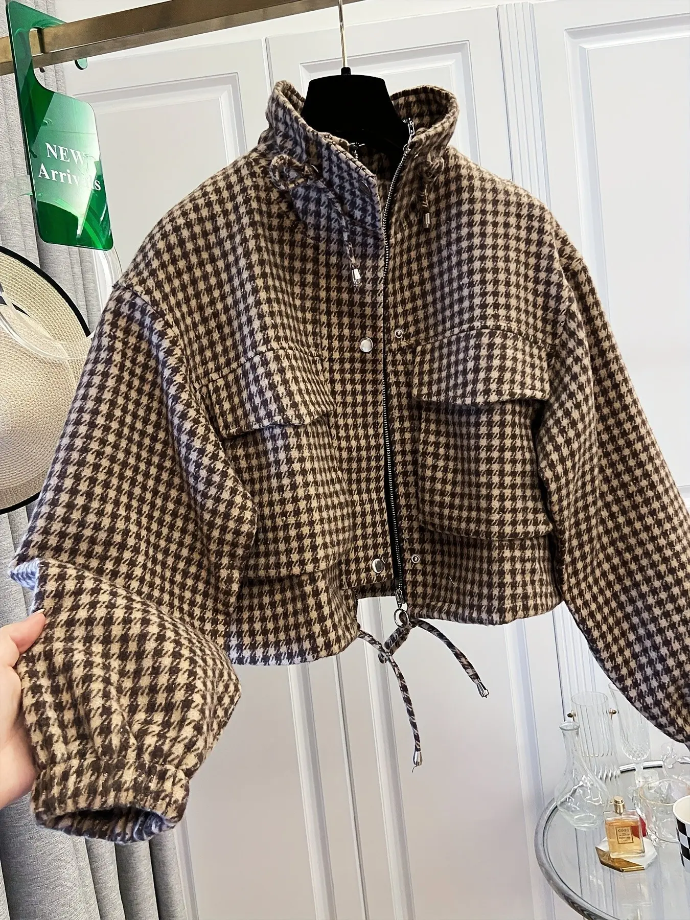 Women's Fashion Retro Plaid Stand Collar Short Coat, Drawstring Design, Zipper Front, Perfect for Fall Winter Daily Holiday Outing