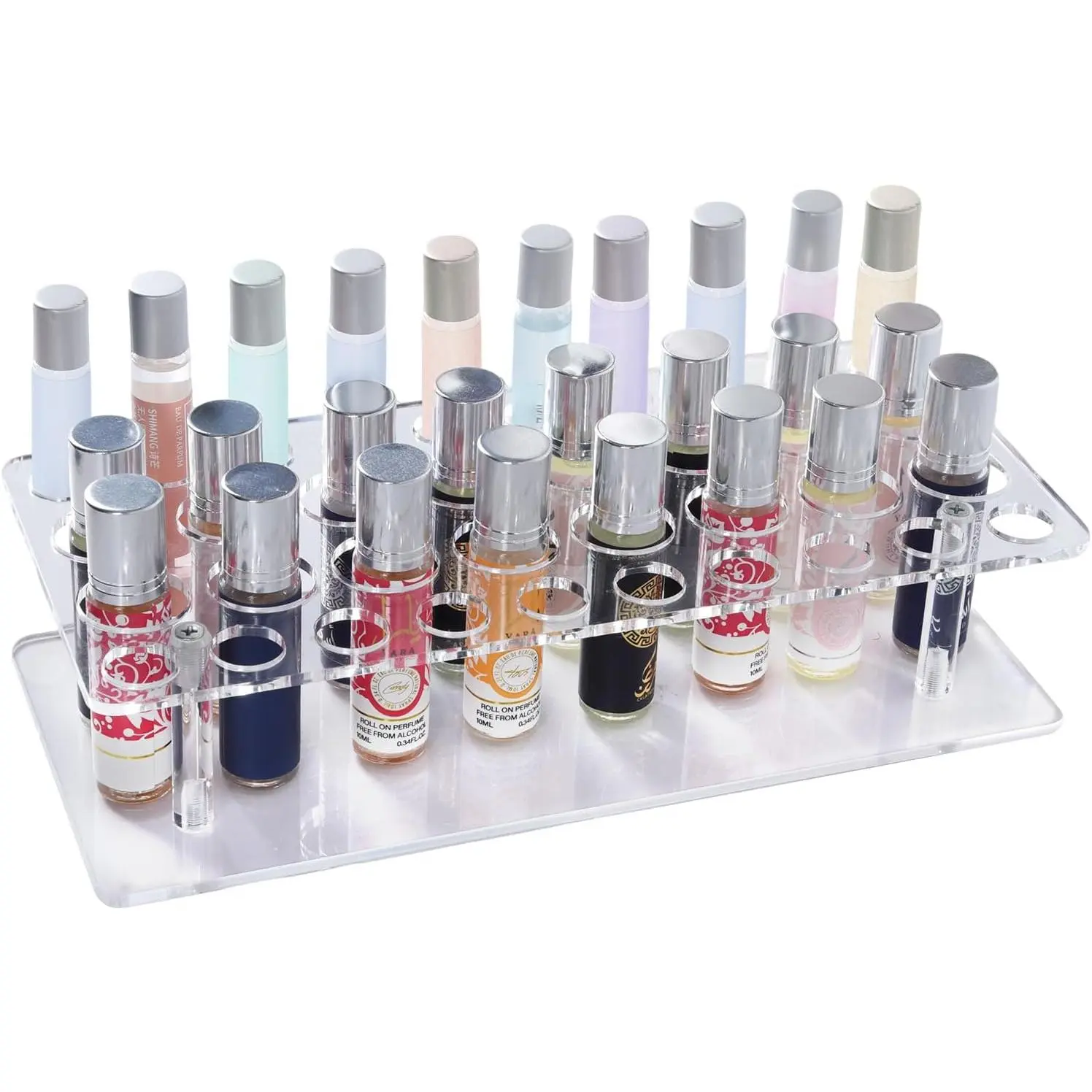Rollerball Perfume Organizer, Beauty Scent Holder, 36 Space Clear  Perfume Organizer consists of 16 large sizes and 20 small sizes Tall Scented Oil Storage Display Case