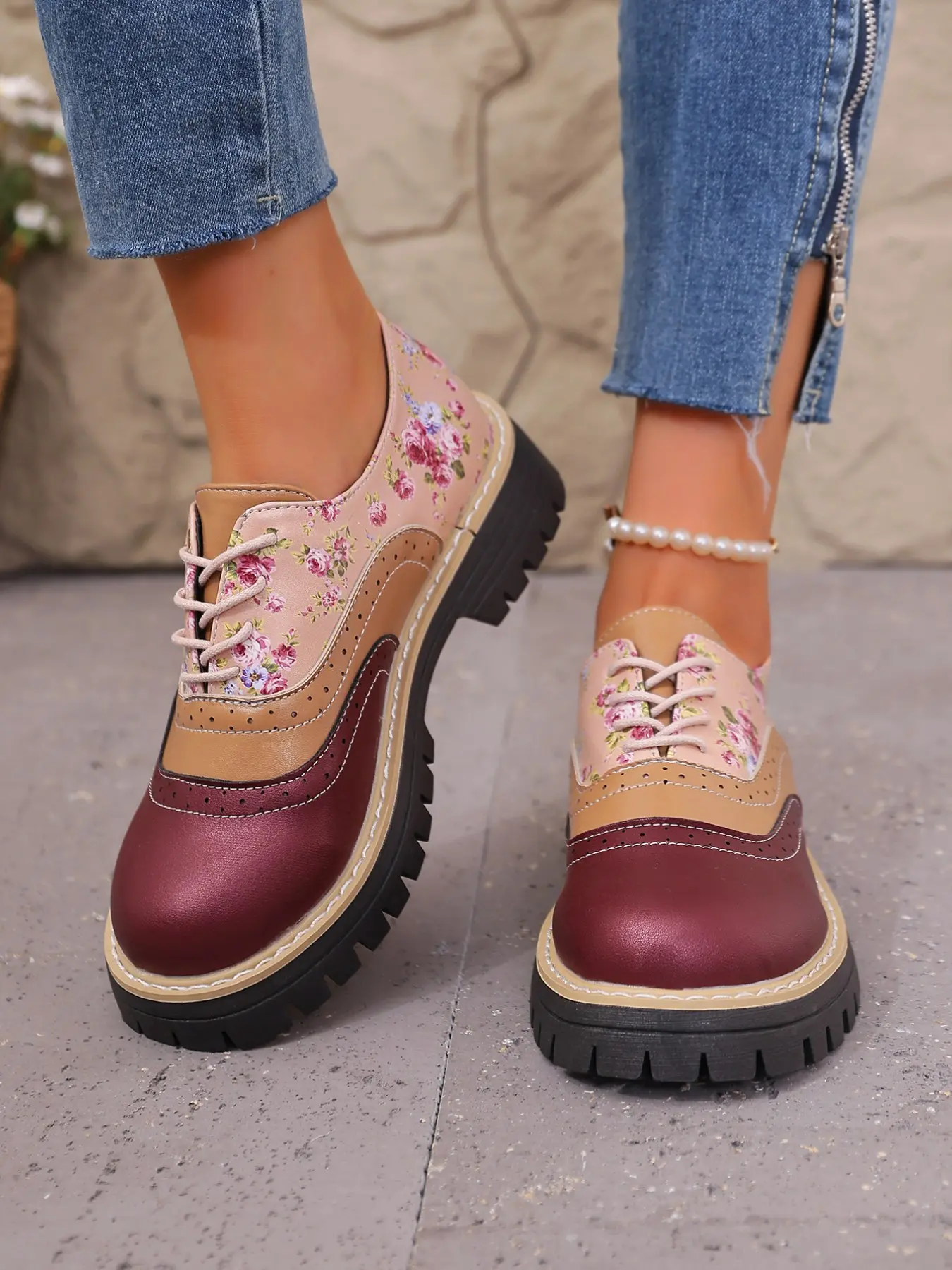 Dark Floral Patchwork Oxford Shoes, Colorblock Chunky Heel Loafers, College Style Versatile Commuter Women's Shoes, Office Commuting Shoes, Office Shoes, Business Casual Oxfords