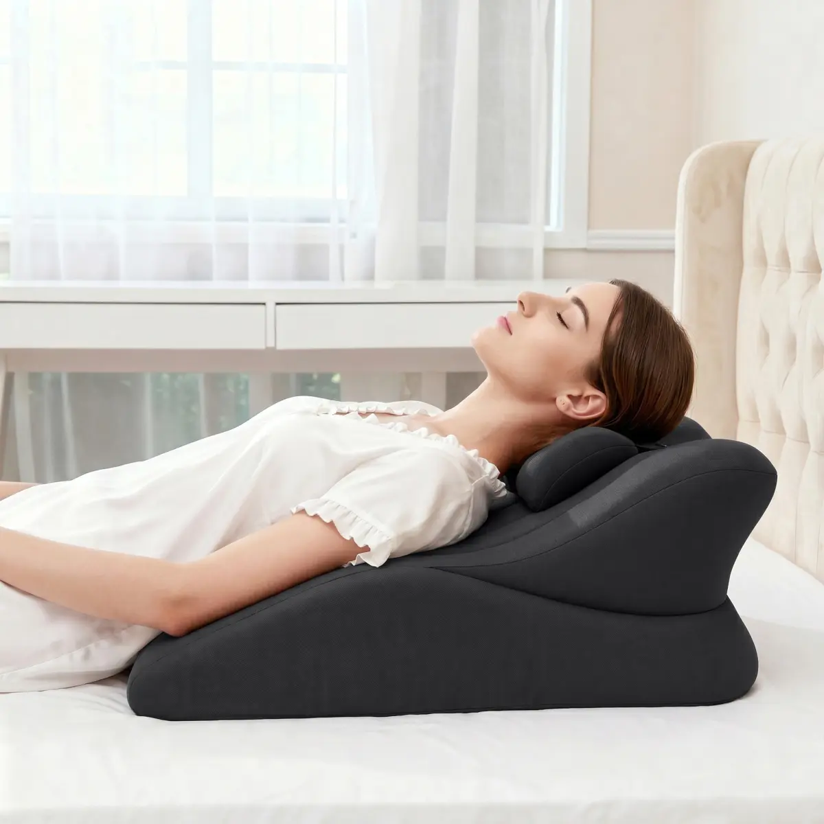 Ergonomic Pillow Memory Foam Ergonomic Wedge Pillow for Couples, 27° Pillow with Removable Washable Cover, Contoured Support Cushion for Back Lumbar & Leg Elevation,(Black)
