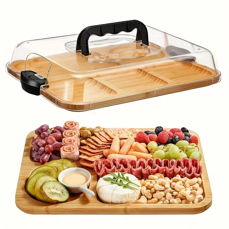Bamboo Cheese Tray with Acrylic Lid, Portable Recycled Wood Serving Platter, Charcuterie Organizer, Stylish Appetizer Tray