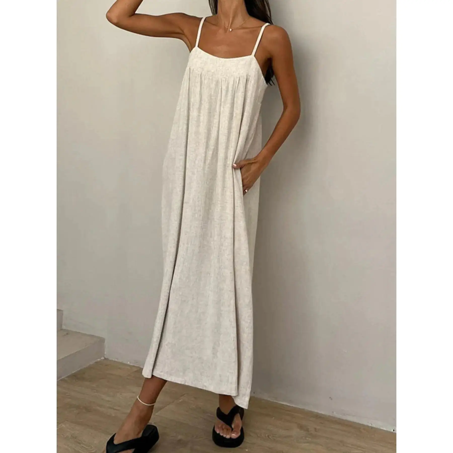 Backless Spaghetti Strap Maxi Dress Women Sleeveless Loose Fit Breathable Long Dress Casual Spring Summer Outfit