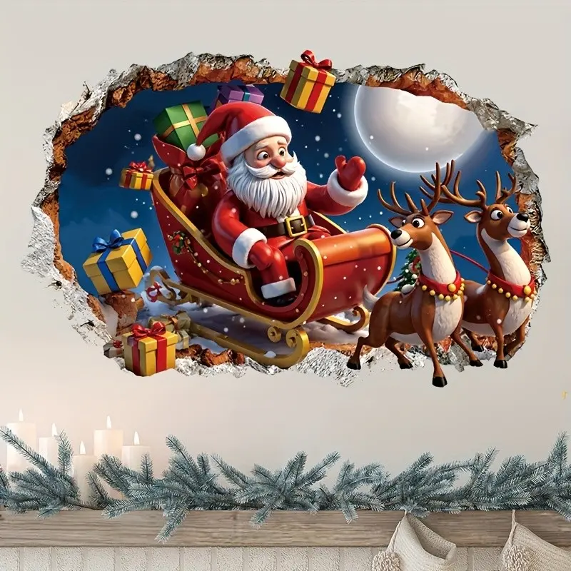 Christmas Wall Sticker Santa Claus and Reindeer, Moonlit Snowflake Sleigh Gift Decal, Indoor Outdoor Wall Art Decor for Living Room, Bedroom, Hotel, Cafe