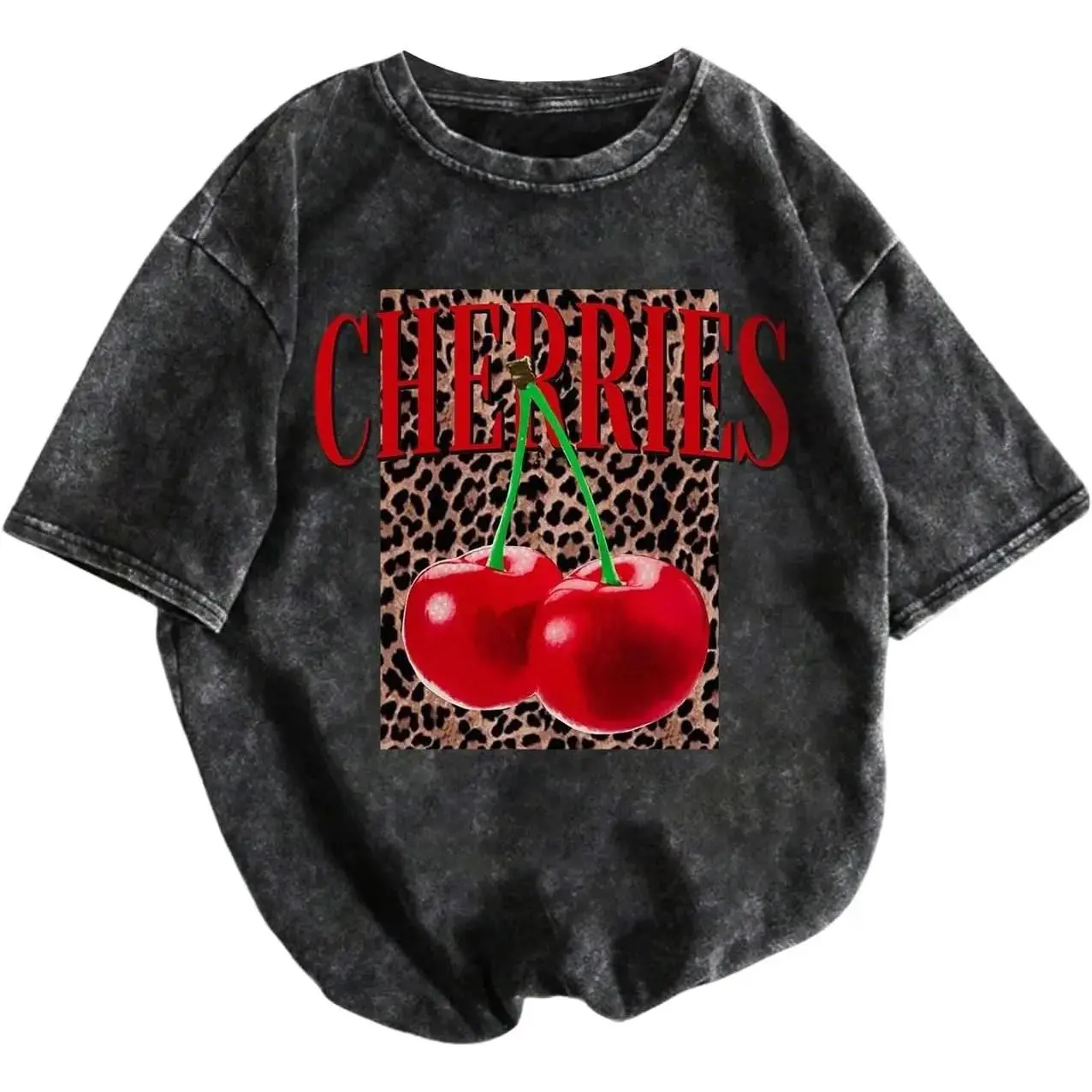 Women's 100% Cotton Washed Short-Sleeve T-Shirt - Vintage Round Neck Streetwear Clothing, Leopard Cherry Graphic Cute Everyday Cute Tops for Women, Women's Tops