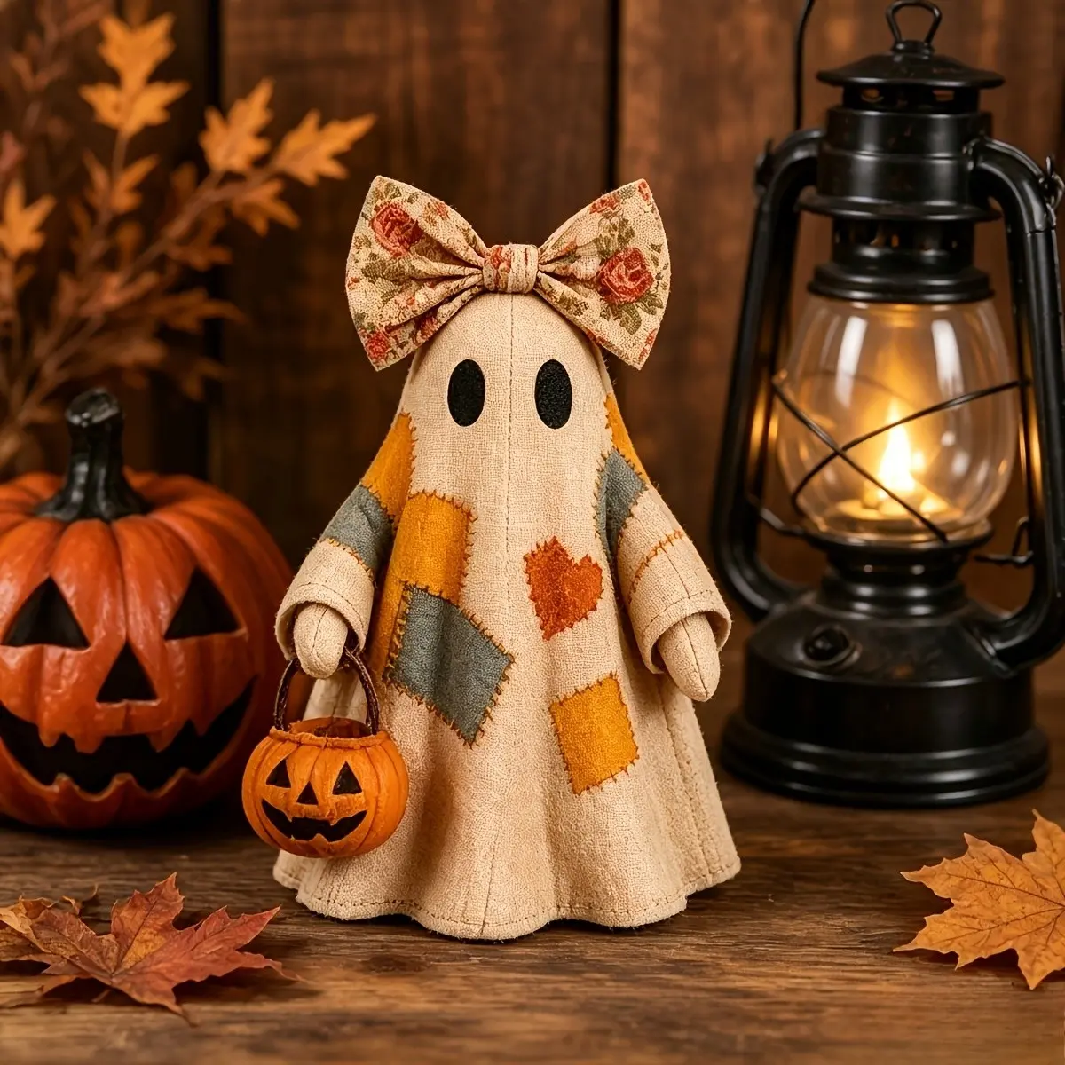 Vintage Patchwork Ghost Halloween Decoration, Glowing Pumpkin Lantern, Rustic Fall Statue, Fireplace Mantel, Entryway, Porch Decor