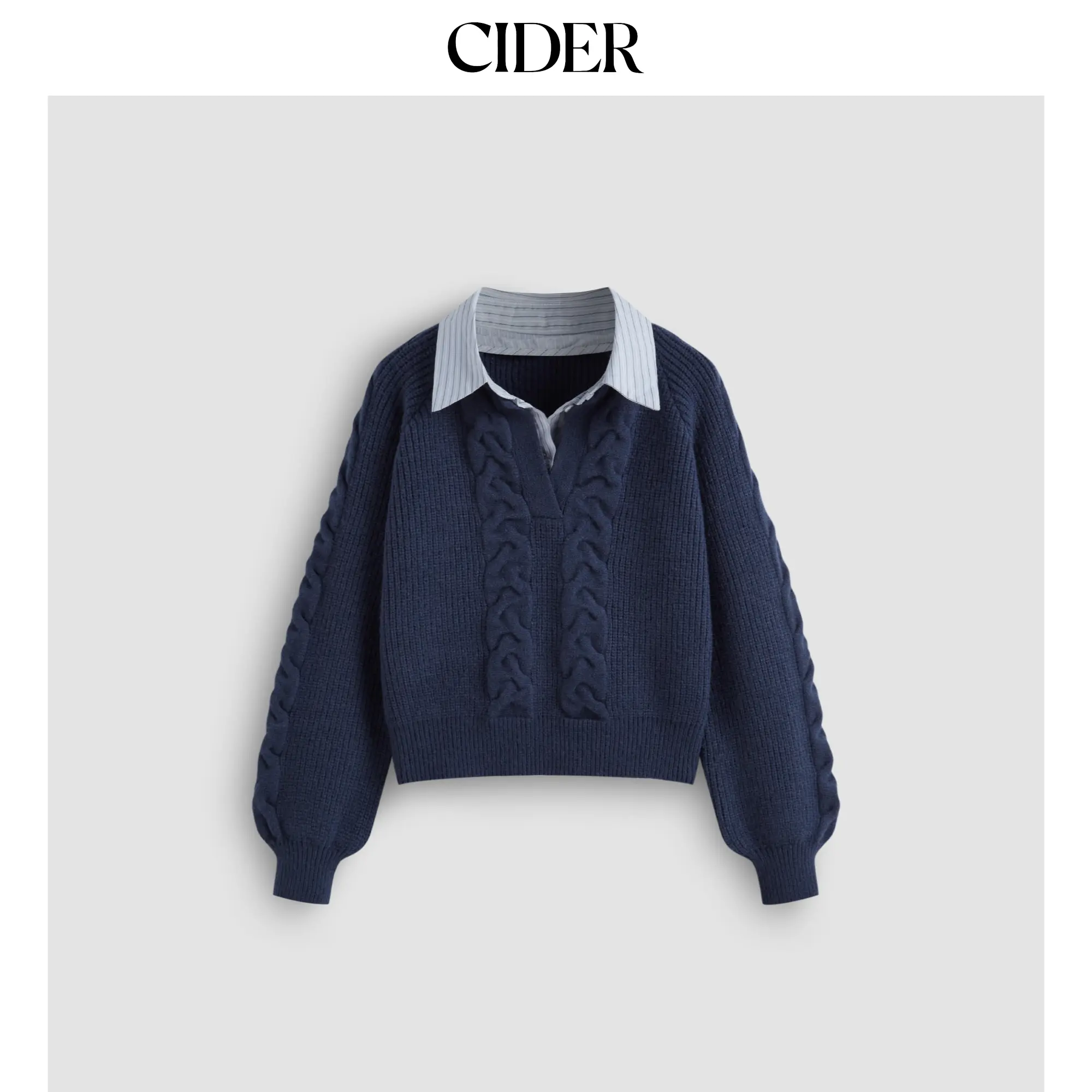 Cider [size 2-10] Cable Knit Collar Two Tone Long Sleeve Top