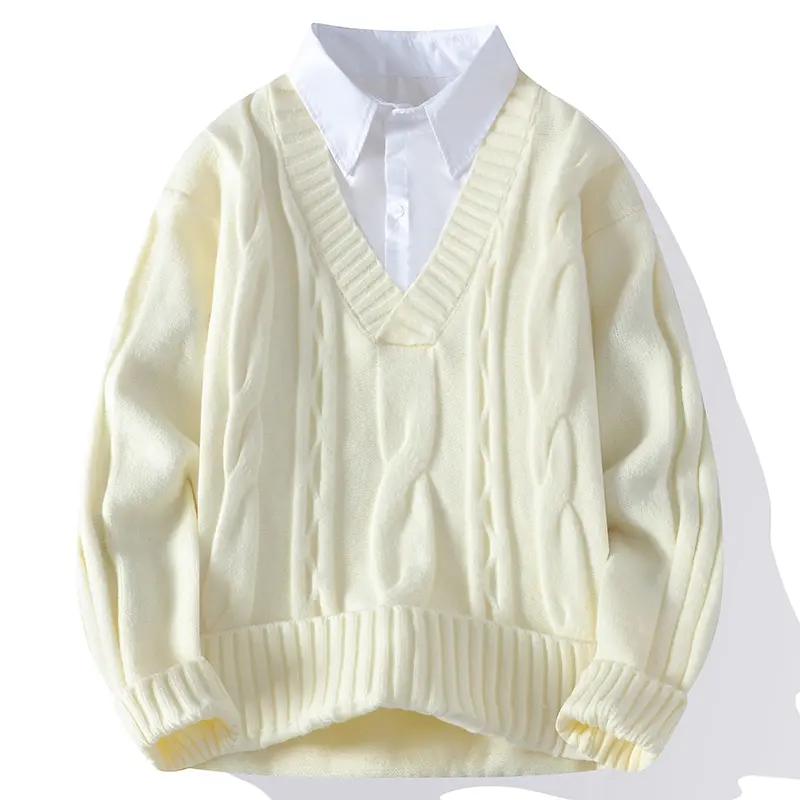 Men Retro Textured Knit Sweatshirt, Fake Two-Piece Collared Shirt And V Neck Cable Knit Sweater, fine braided knitting surface, ribbed hem and cuffs, soft warm fabric, minimalist casual style for all daily scenarios # sohochic