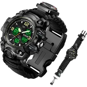 Mens Tactical Military Digital Watch, 23-in-1 Survival Multi-Functional Army Outdoors Waterproof Camouflage Sports Watches Dual Display Analog LED Electronic Wristwatches with Compass Paracord Band