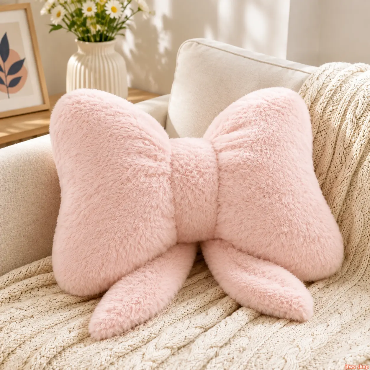 Coquette Faux Fur Bow Throw Pillow for Girls Room - Fluffy 3D Ribbon Lumbar Cushion - Cute Plush Aesthetic Accent for Bedroom Decor tiktokshopbacktoschool