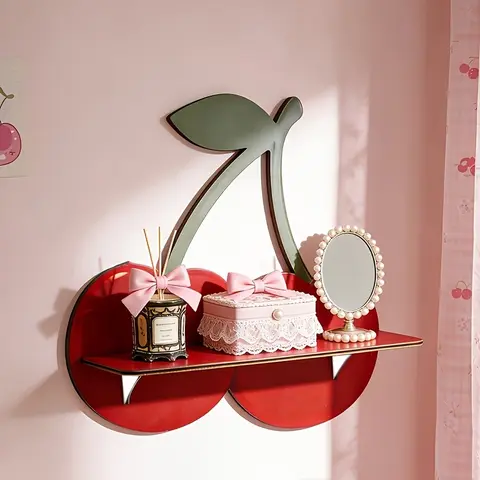 Kawaii Cherry Wooden Floating Shelves, Cute Wall Display Rack, Wall Organizer Shelf, Bedroom Aesthetic Home Decor, Stylish and Functional Storage Solution