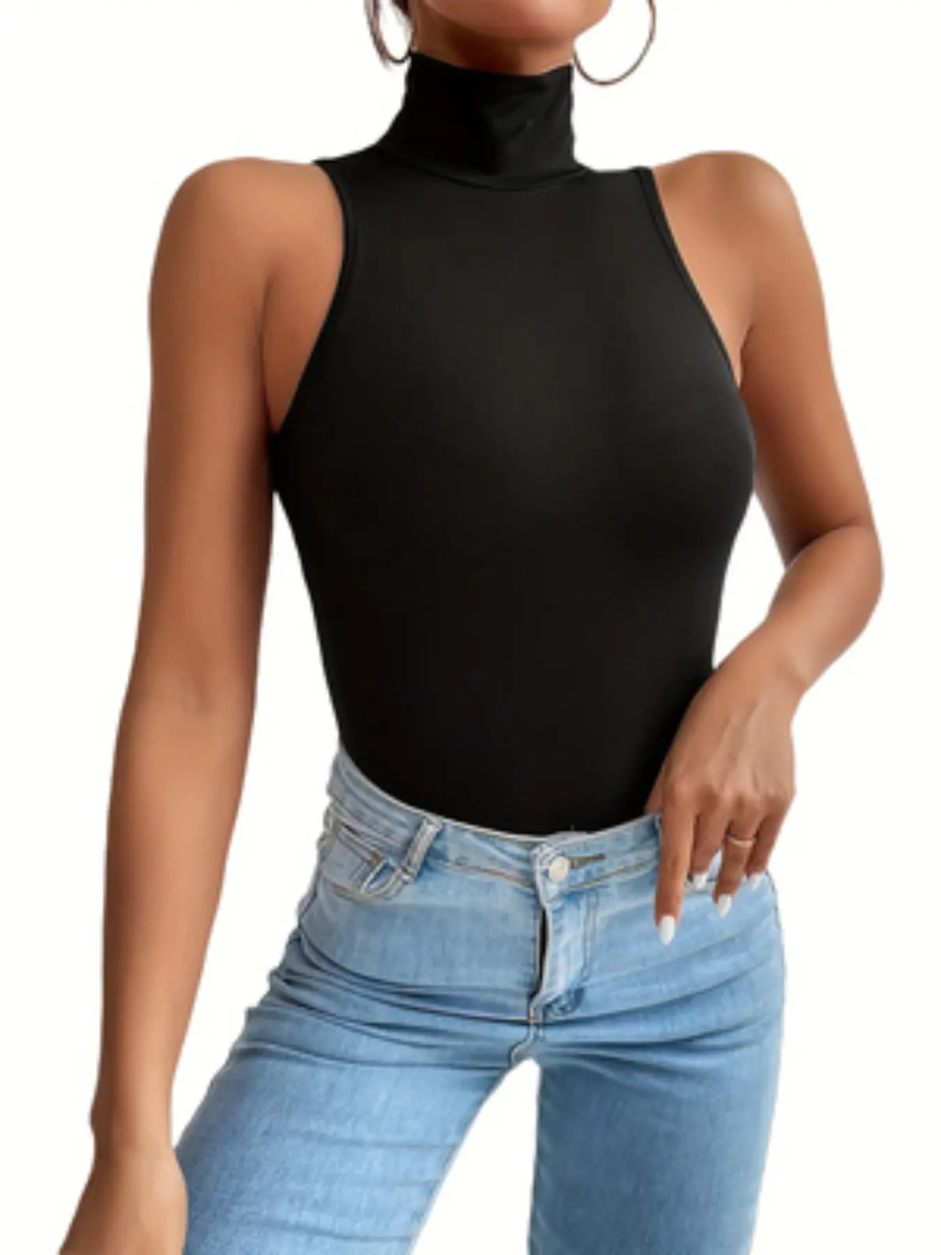 Plus Size Women's Sleeveless High Neck Stretchy Soft Vest Bodysuit, Fall Winter Layering Top, Comfortable Underwear Alternative