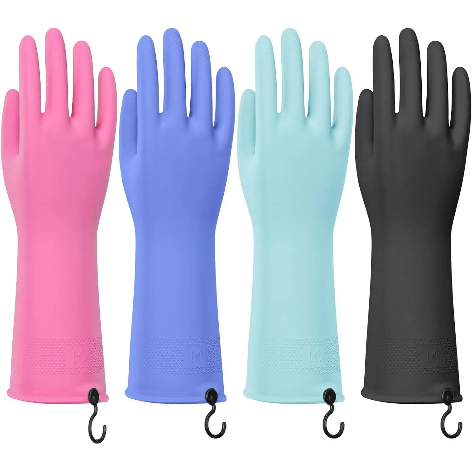 4 Pairs Rubber Dishwashing Gloves with  Hooks -  Cleaning Gloves for Kitchen & Household, Non-Slip, Durable and Flexible (Large, 4 Colors: Black, , Blue, )