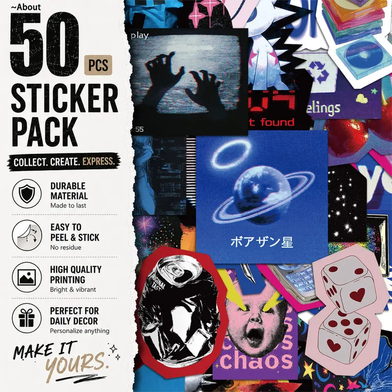 50PCS Retro Cyberpunk Aesthetic Vinyl Stickers Pack for Laptop Water Bottle Phone Case Skateboard Journal Scrapbook DIY Decoration
