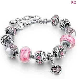 Pink Heart Pendant Bracelet Set With Dazzling Bead Decor, Adjustable Serpentine Chain Stackable Trendy Jewelry Accessory For Women Daily Matching