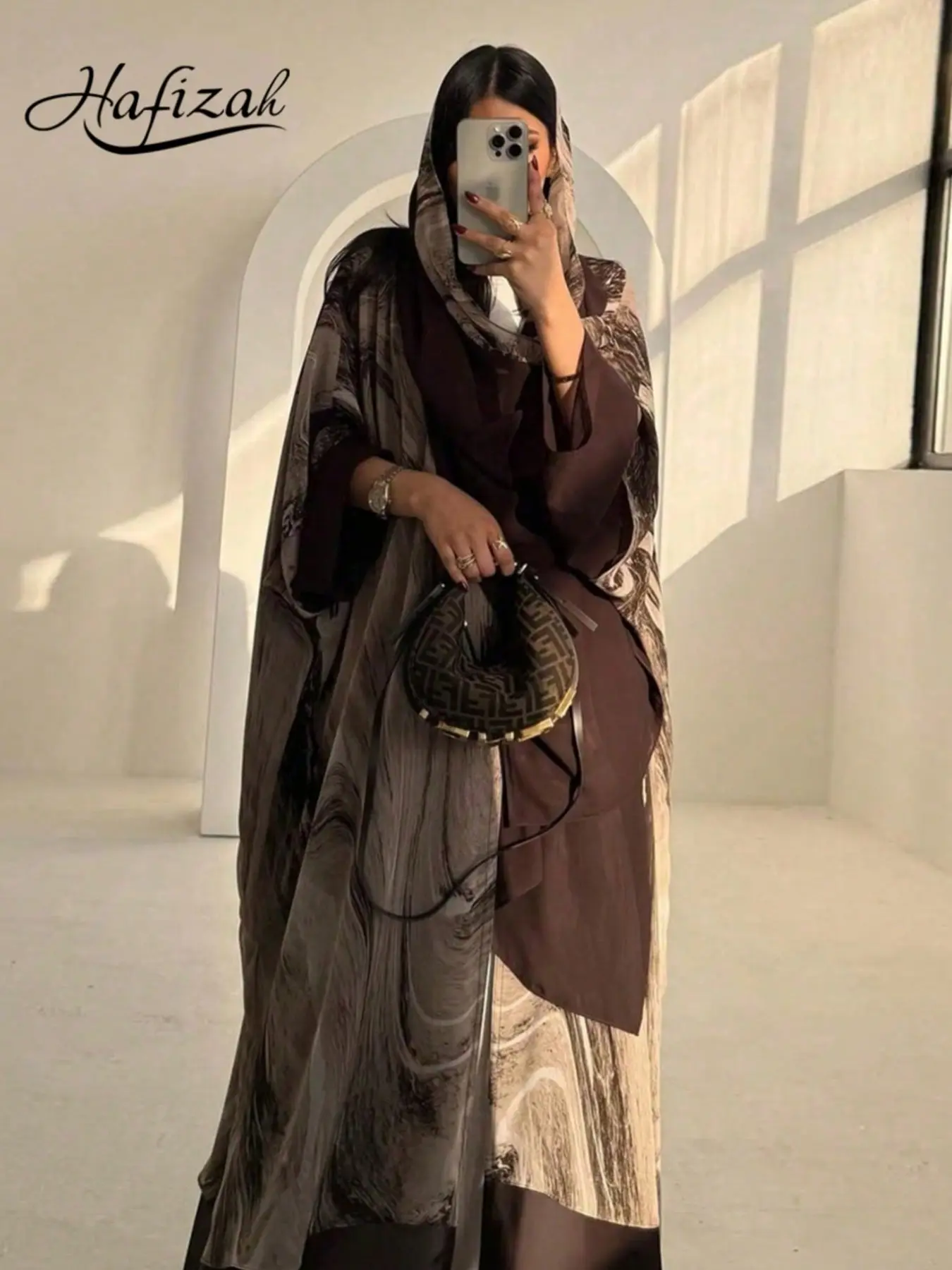 Hafizah Ink Texture Print Long Relaxed Fit Cardigan Scarf Set, Loose-Fitting Outerwear for Women, All-Seasons Plain Pattern, Comfortable Casual Style