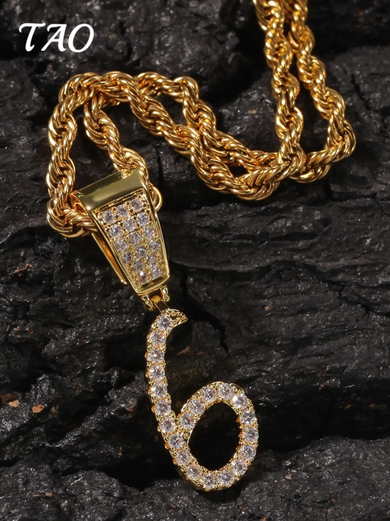 TAO-Luxurious Zircon Necklace, Handwritten Number Pendant, 24-Inch Braided Chain, Hip Hop Style, All Seasons, Street Fashion Jewelry
