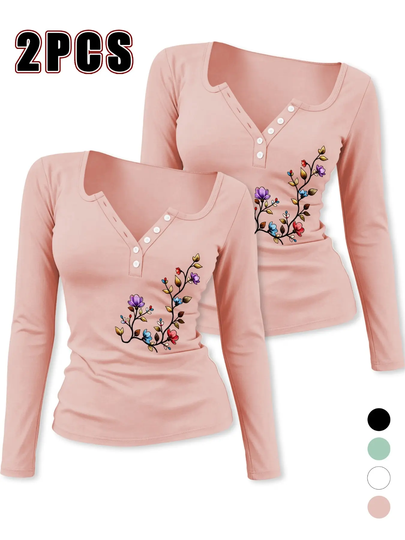 Women's Henry Collar Half-Open Button Long Sleeve Fitted Top, Vintage Floral Print, Elastic Waist, Casual Daily Wear, 2-Pack Set