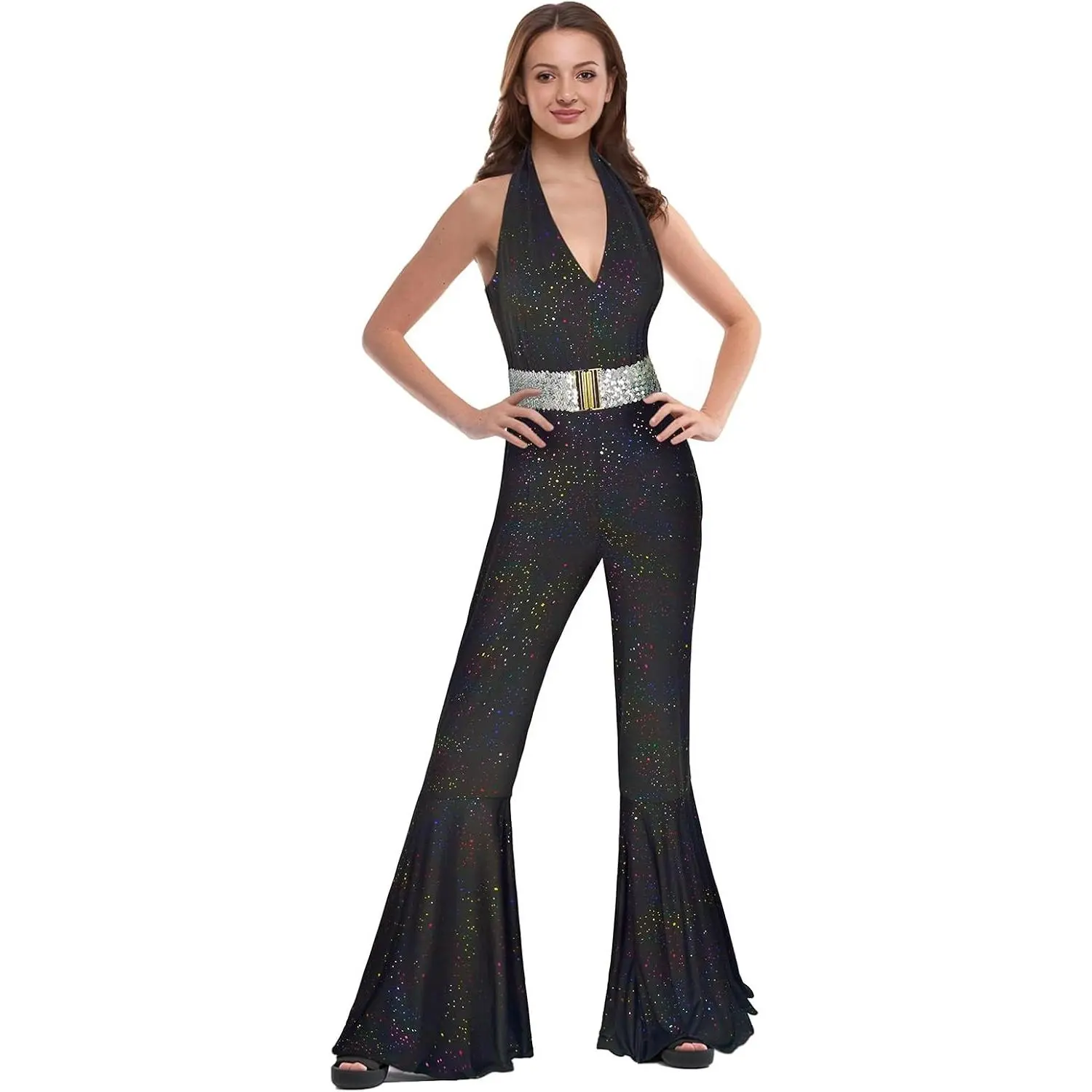 Women's 70s Disco Outfits Sparkle Halter Flare Leg Vintage Off Shoulder Jumpsuit Colorful Laser Hot Stamping Deep V Neck Bell Bottom Design with Wide Sequin Waist Belt(Gift)