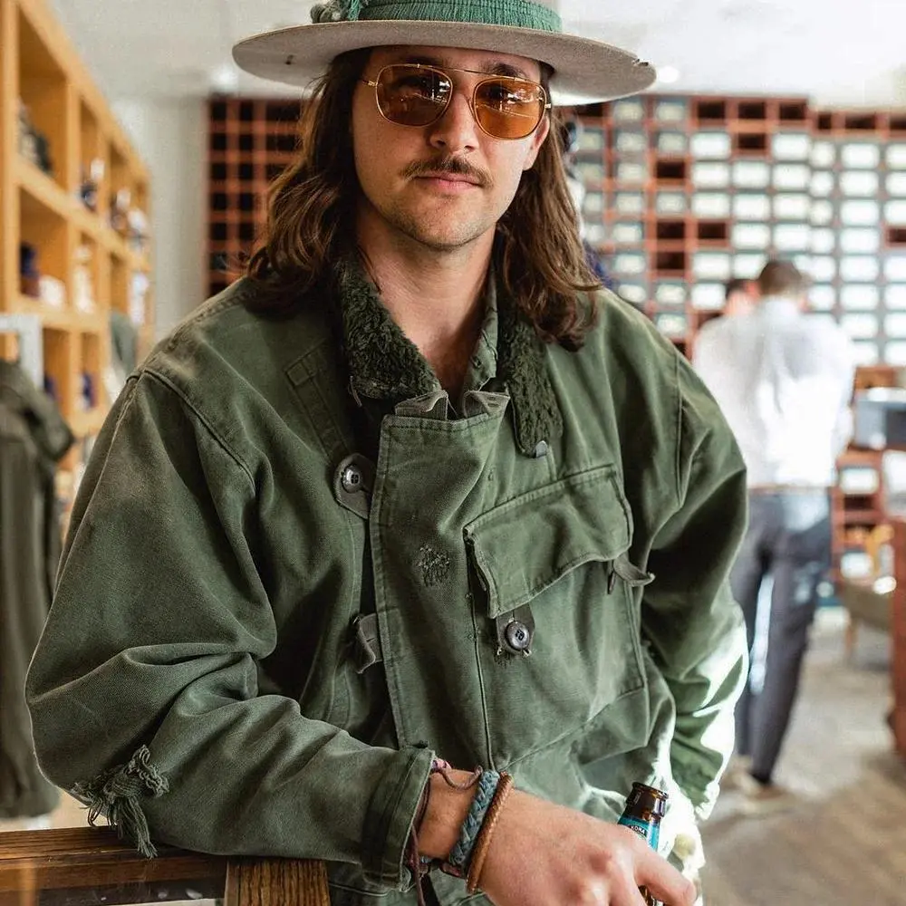 [MADENWORKS] Men's Retro Military Green Motorcycle Jacket, Swedish Style, Stand Collar, Loose, Daily