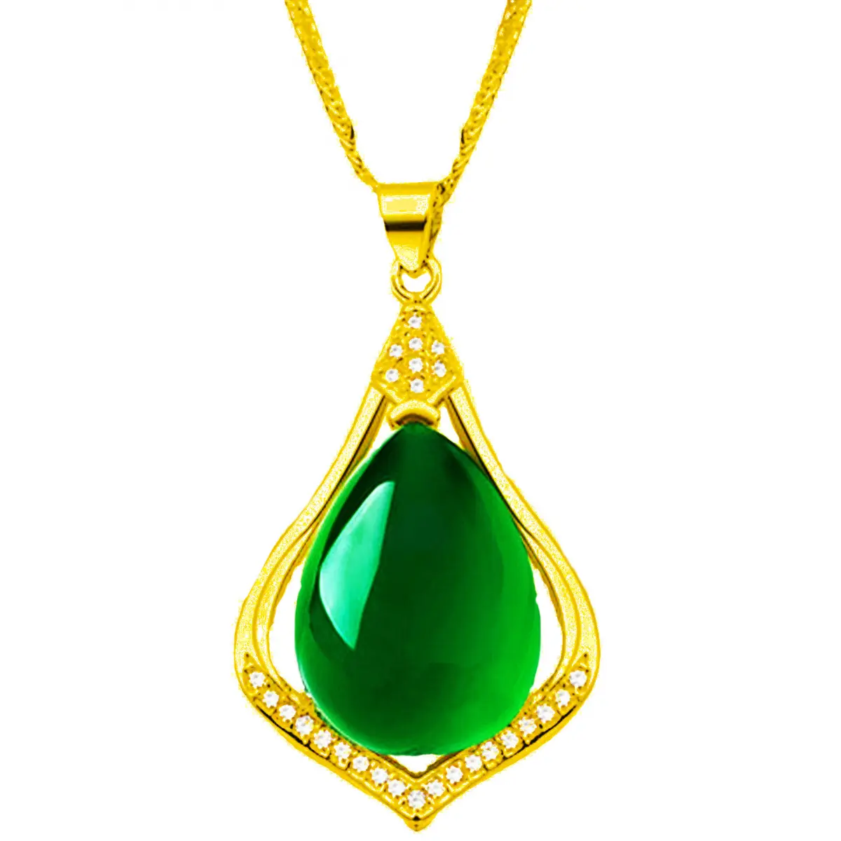 Women's AAA Grade Natural Green Chalcedony Teardrop Pendant Crystal Necklace - Hollow-Out Gold-Plated Metal Gemstone, Bling Retro Elegant Female Costume Jewelry, Natural (Main Stone)/Synthetic (Accent Stones), Anniversary Gift, Bling Effect, Crystal Neckl