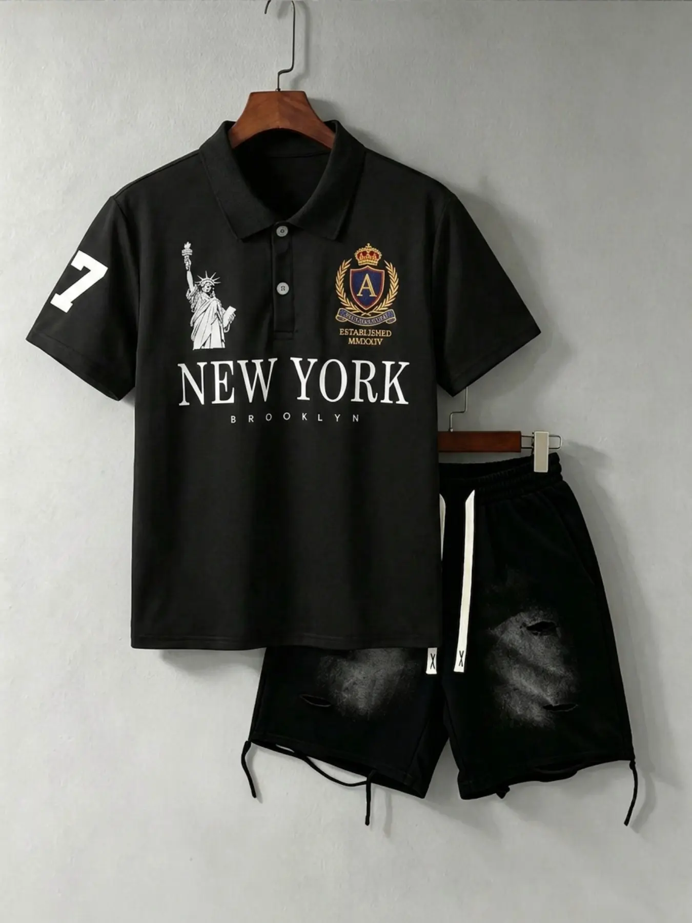 Men's American Style Casual Set, Polo Short Sleeve and Shorts Combo, Letter Embroidery Design, Home Wear, All Seasons