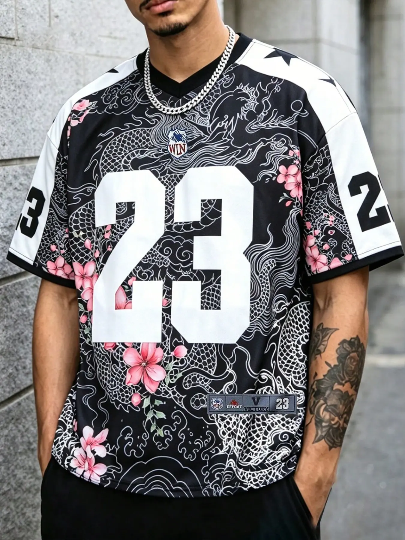 2026 Trending Japanese Dragon & Sakura Print Basketball Jersey, Sports Tops - Oversized V-Neck Streetwear Graphic Tee with Number 23 & Stars - Retro Oriental Style Dark Grunge Top for Men Women - Urban Samurai Fashion Apparel Casual Sports Tees