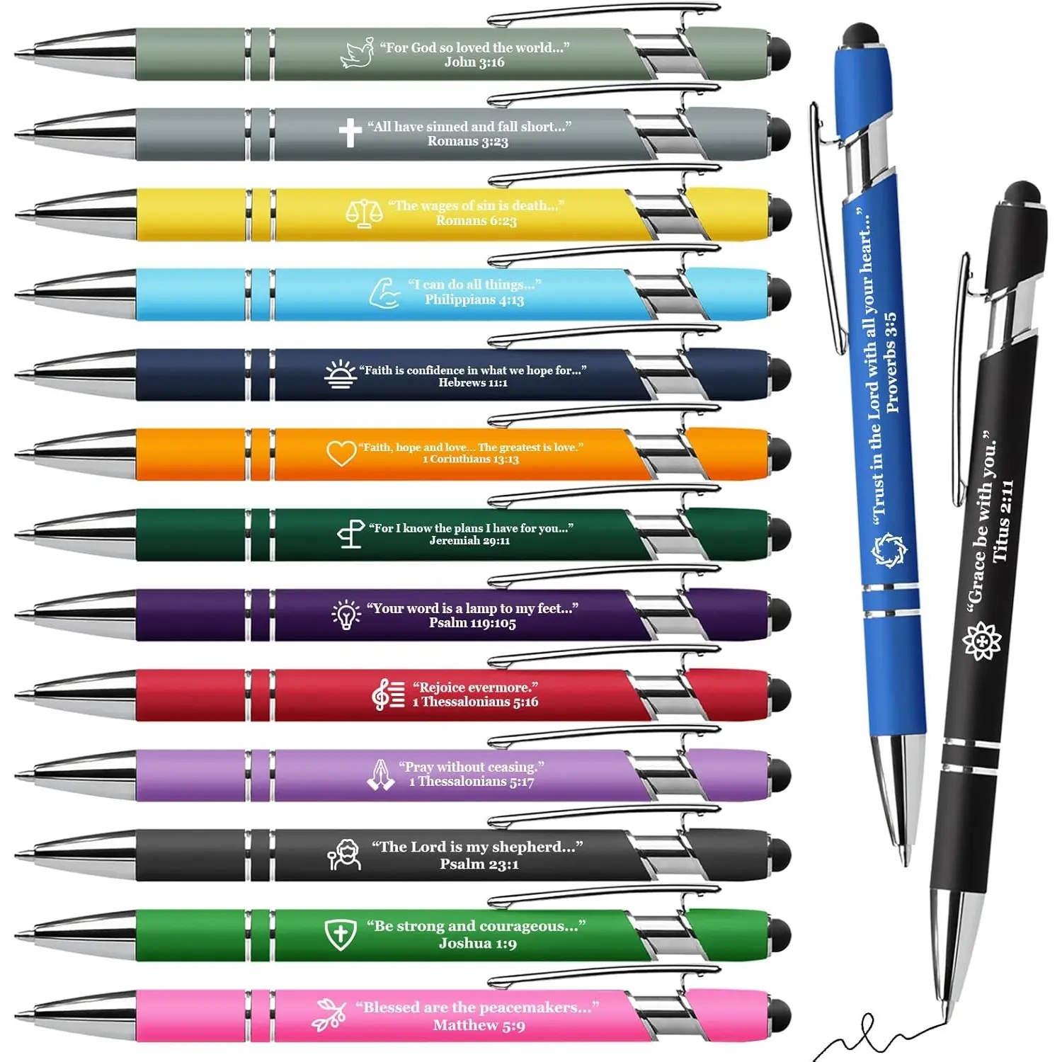 15 Pack Bible Verse Pens, Christian Inspirational Retractable Ballpoint Pens with Religious Scripture Quotes & Symbols, Smooth Writing Black Pens for Church, Gifts for Christians, Motivational Pen, Multicolor