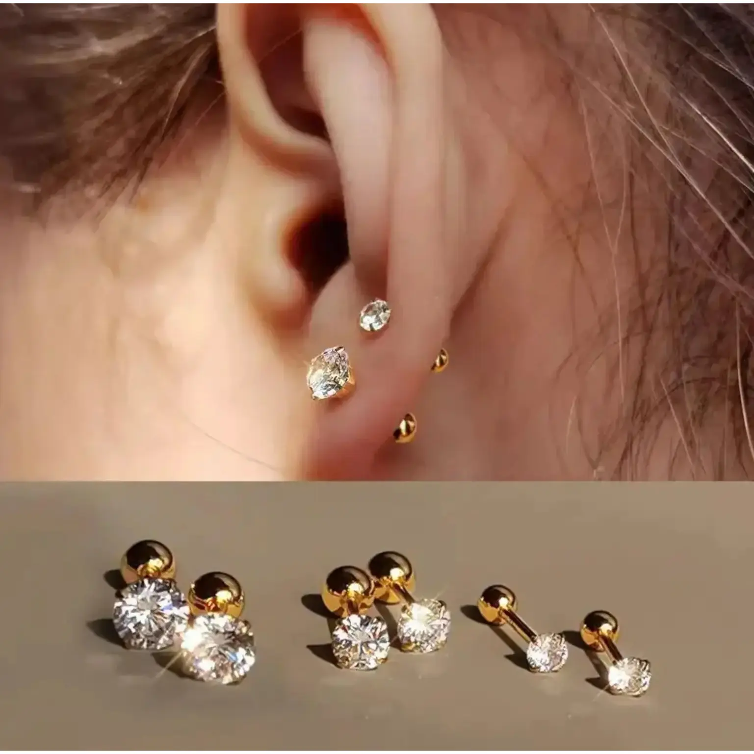 3 Pairs 18K Gold Plated Stainless Steel Stud Earrings, Round Ball Twist 4-Prong CZ Minimalist Elegant Ear Jewelry for Women Daily Party Dating Holiday Gifts
