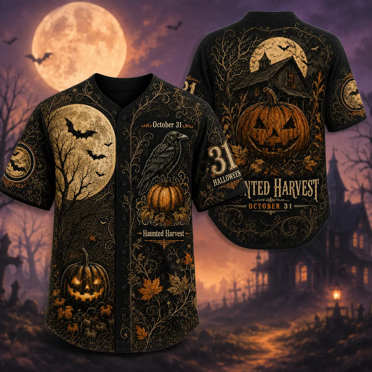 Halloween Baseball Jersey for Men & Women, Black Gothic Pumpkin Raven Moon Bat Graphic Button Up Shirt, Haunted Harvest Short Sleeve Jersey, Adult Unisex Spooky Season Top for Halloween Party, Fall Festival, Pumpkin Patch & Casual Wear