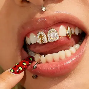 Double Grillz with Hollow Cross and Oval Zircon Design, Street Style Men's Dental Jewelry for Performance, Costume, and Daily Fashion