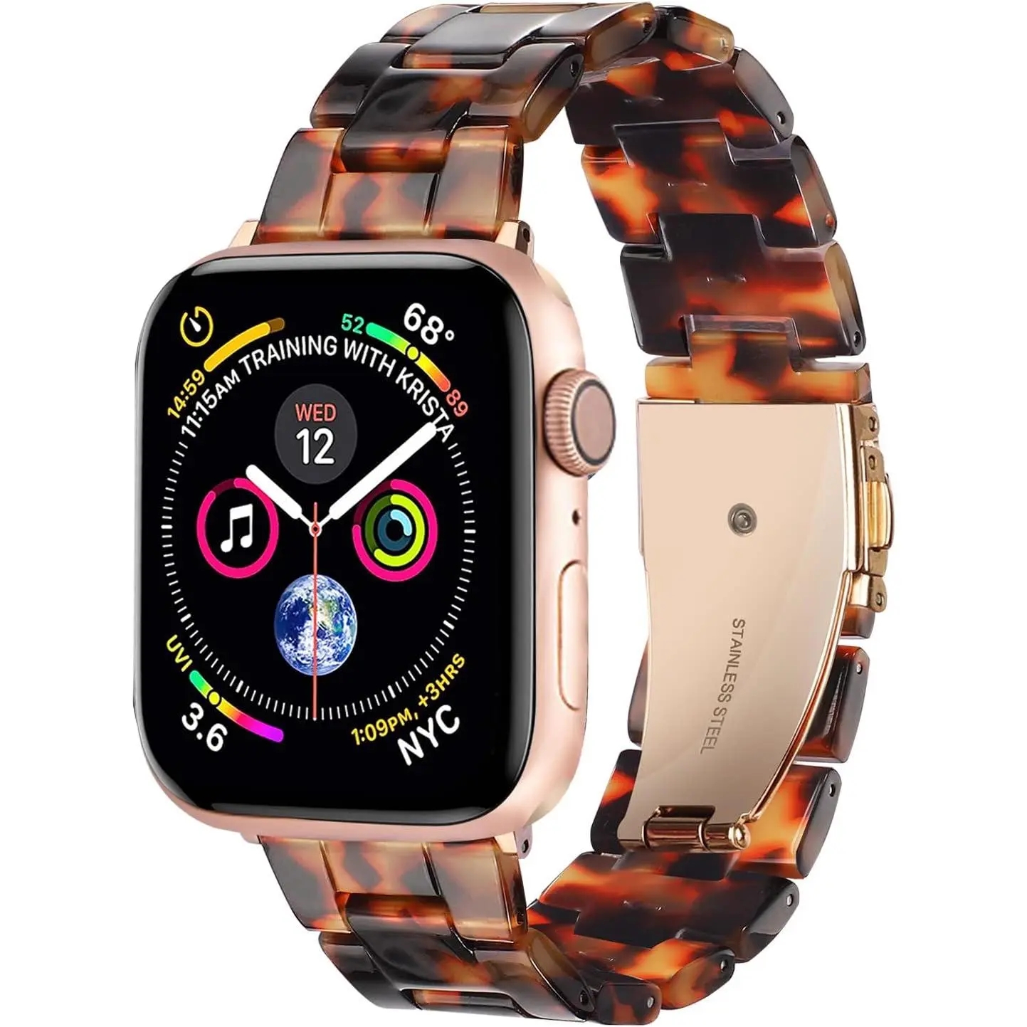 Compatible With Apple Watch Band 38mm 40mm 42mm 44mm Thin Light Resin Strap Bracelet With Stainless Steel Buckle Replacement For iWatch Series Ultra 9 8 7 6 5 4 3 2 1 SE(Tortoiseshell/Rose