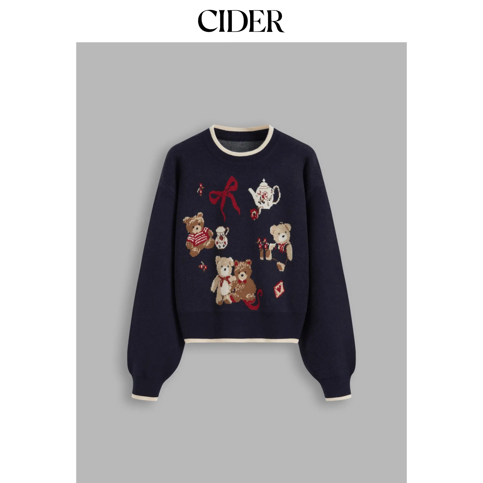 Cider [size 2-10] Knit Round Neckline Bear Bowknot Contrasting Binding Long Sleeve Top