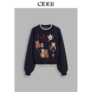 Cider [size 2-10] Knit Round Neckline Bear Bowknot Contrasting Binding Long Sleeve Top