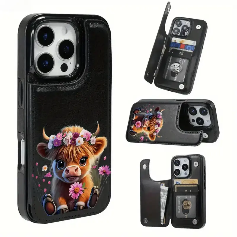 PU Leather Flower Cow Print Flip Wallet Case with Holder for iPhone 11-17 Pro Max/Air, 12 Pro, 13-16 Plus, TPU Shockproof Protection, Card Slots, Cash Holder, Smartphone Accessory, Cover, Accessories, Iphone 12 Pro, Floral, Multi-Model