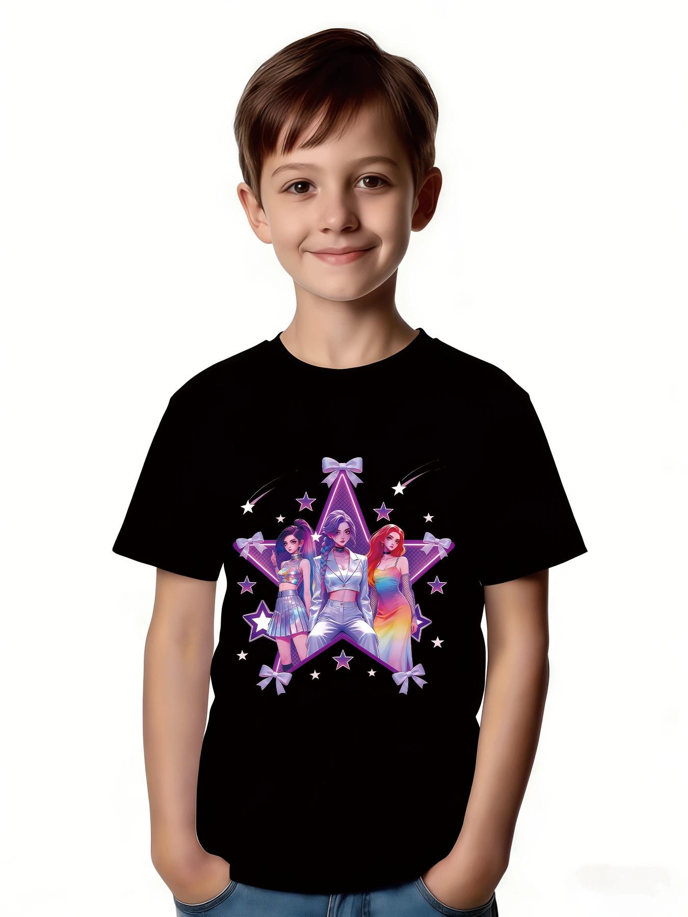 1Fashion K-Pop Style Girls' Boys' T-Shirt |   Anime Style Three Female Characters Design With Shiny Purple Star Background And Metallic Letter Print, Ideal For Summer Casual Wear, Perfect Christmas, Birthday, Party Gift