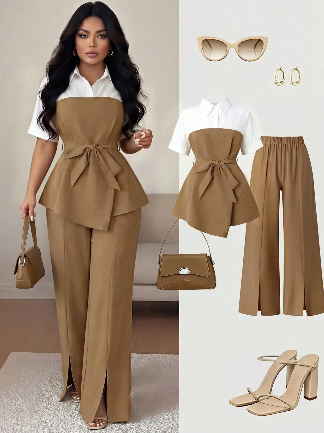 Two-Piece Set: Patchwork Shirt Top & Wide Leg Pants, Office Wear, Business Casual, Plus Size, Long Pants, Summer Style, Suits
