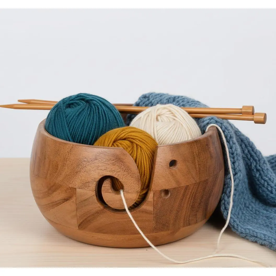 Wooden Yarn Bowl - Wooden Yarn Bowls for Crocheting with Holes, Preventing Slipping and Tangles,  Craft Knitting Bowl Easter  for Knitting Lovers