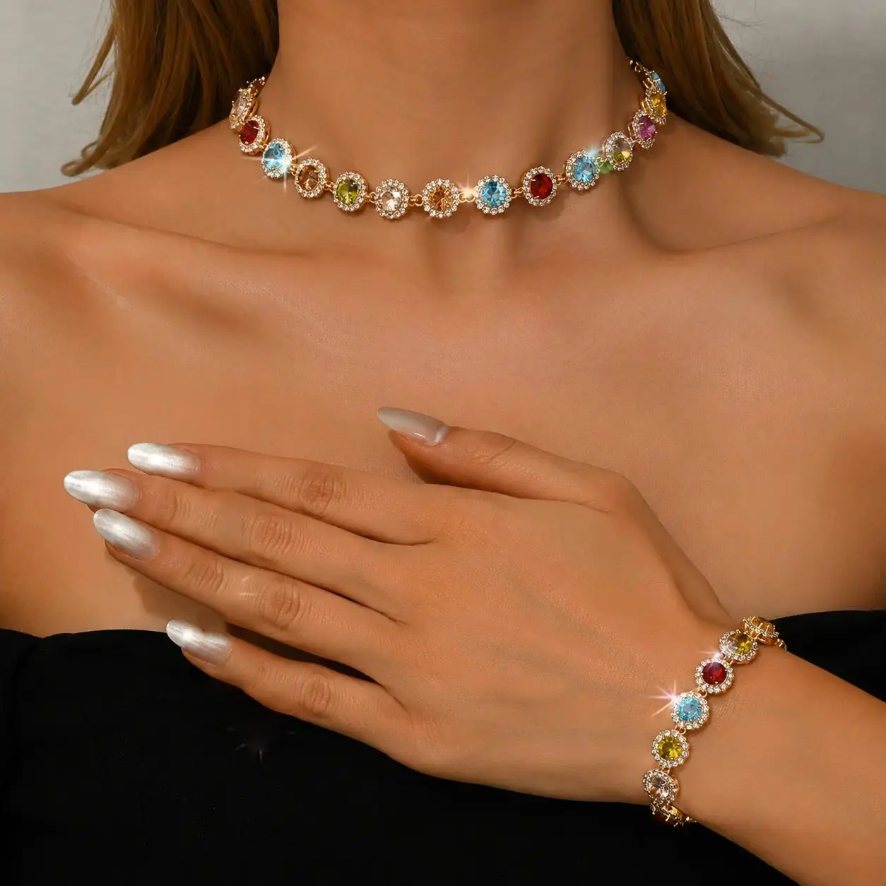 Women's 2-Piece Cowhide Accent Colorful Crystal Necklace and Bracelet Set, Gold Rhinestone Prom Costume Accessory for Adults, with Customer Support, Female, Gold Multicolor Rhinestones, Jewelry, Glamorous, Set Combo, Accessories For Women, Women's Fashion