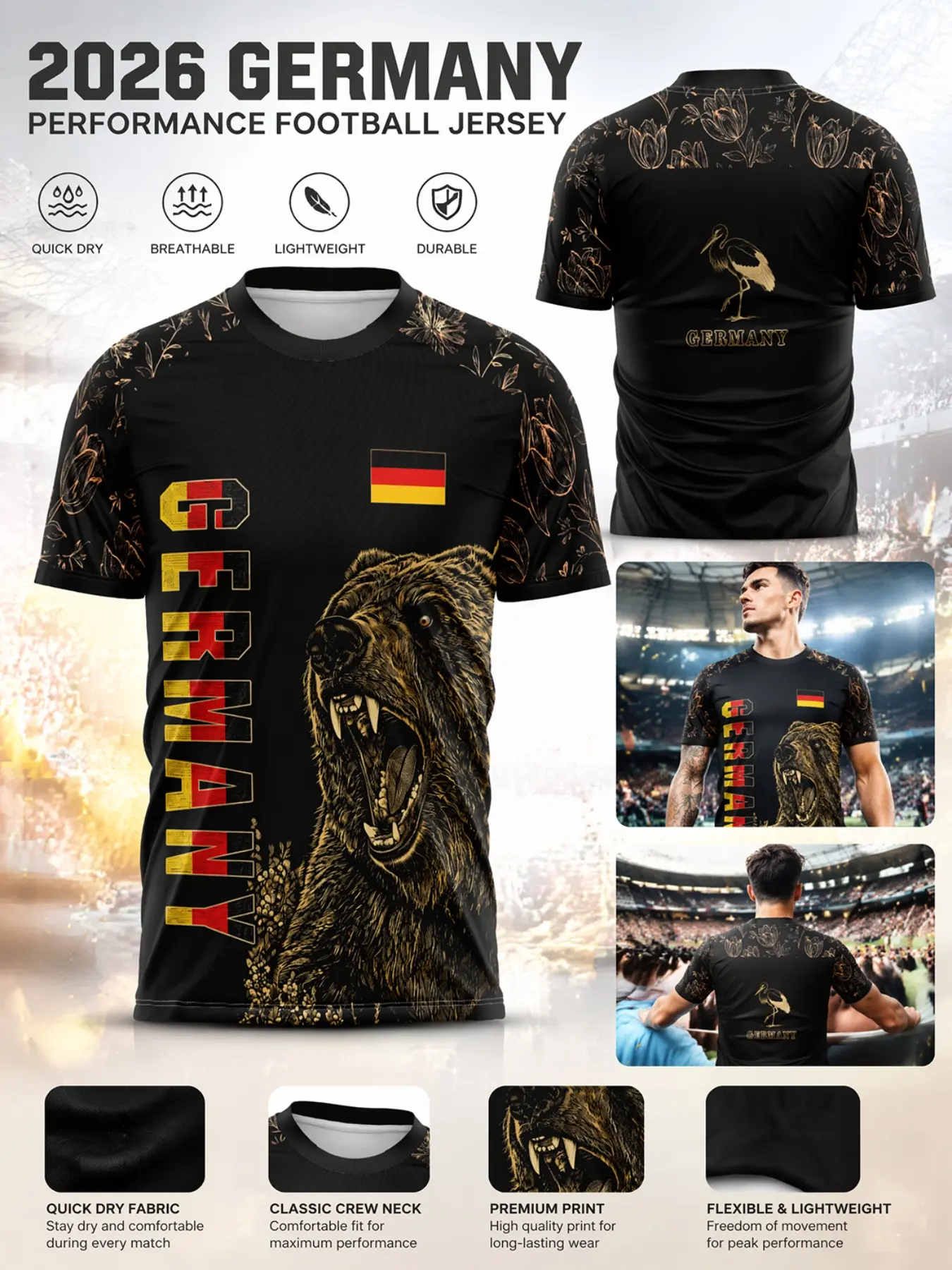 2026 German Style Soccer Jersey, Quick-Dry Breathable Mesh, Slim Fit Sporty Tee, All-Over Print, Ideal for Germany Fans, Street Fashion
