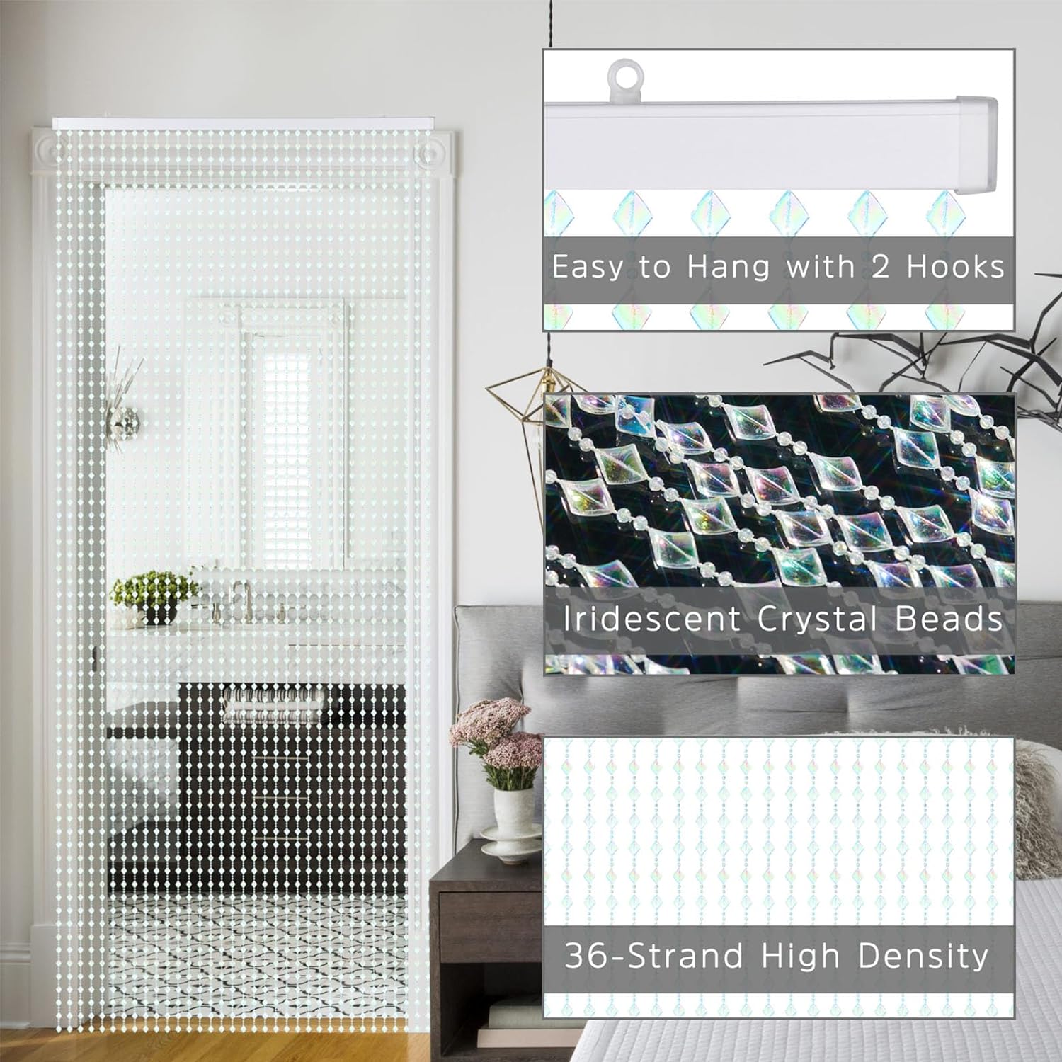 Colorful  Beaded Curtain Hanging Door Beads String Curtain 36 Strands Decorative Shiny Clear  Iridescent  Cut Room Divider for Doorway Party Home Decor (3FTx6.5FT)