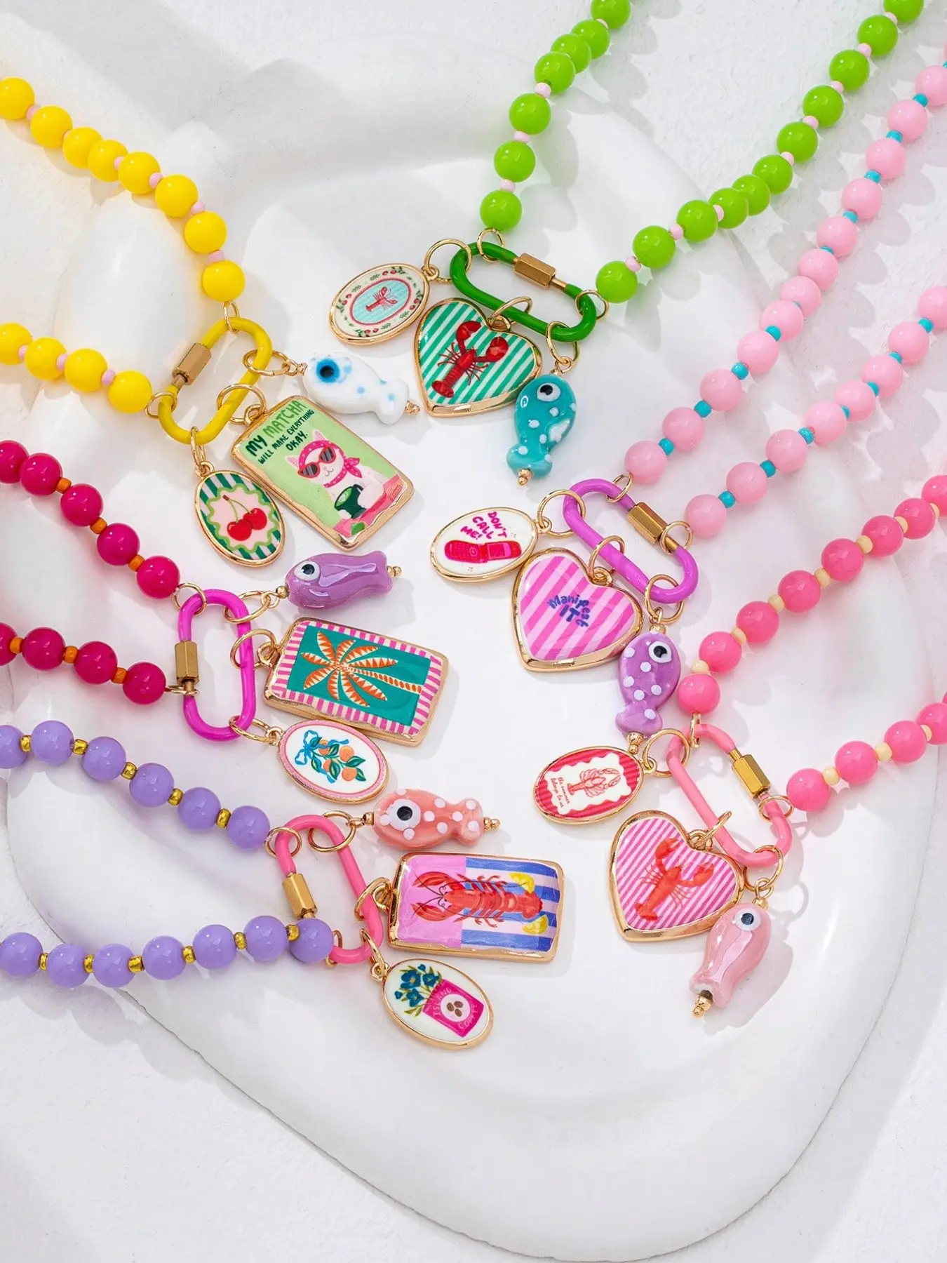 6Pcs Boho Colorful Resin Beaded Necklace with Adjustable Beaded Design, Enamel Charms & Carabiner Clasp Pendant - Dopamine Beaded Necklaces Set, Casual Style Necklaces, Summer/Beach/Vacation Wear, Kitschy/Tropical Style