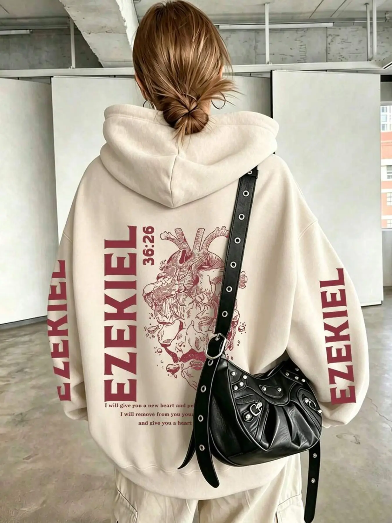 American Vintage Heart Print Hoodie, Bible Verse Ezekiel, Cartoon Pattern, Loose-Fitting, Fall & Winter Casual Women's Clothing