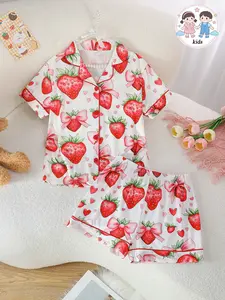 Girls' Fitted Sleepwear Set, Short Sleeve Button-Front Top & Shorts, Cartoon Pattern Design, All-Season Wear, Casual Style