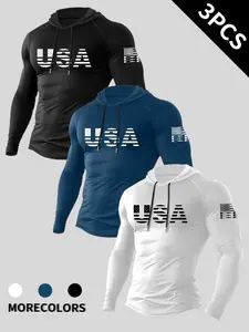 Three-piece hooded tight-fitting long-sleeved fitness clothes, shoulder-inserted quick-drying stretchable pullover, athletic training hoodie, for outdoor training and running
