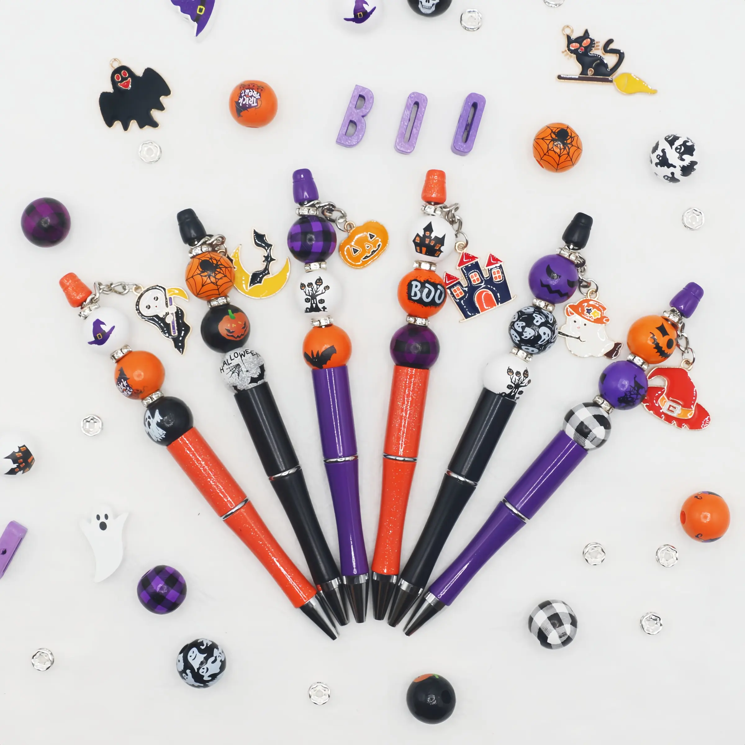 6 Pcs DIY Kit with Spacer Beads, Halloween Theme Beaded Pen Set,Silicone Beads, Tassels, Charms, Storage Box, Ink Ballpoint Pens