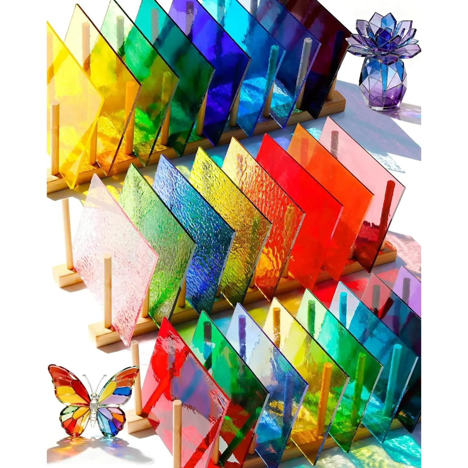 24 Sheets Rainbow Transparent Stained Glass Sheets 4x6 Inch – Mixed Color Stained Glass Supplies for Suncatchers, Mosaic Crafts, Fused Glass Supplies, Window Art & DIY Projects